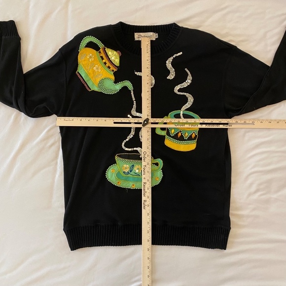 Vintage Statements by Pronto Women's Sweater-Sequined Tea pot & cups-Size Large - Picture 3 of 8